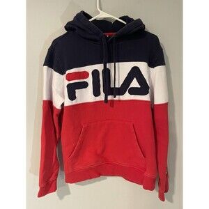 FILA Logo Colorblock Hoodie Sweatshirt Pullover Red White & Blue Men’s Size S
